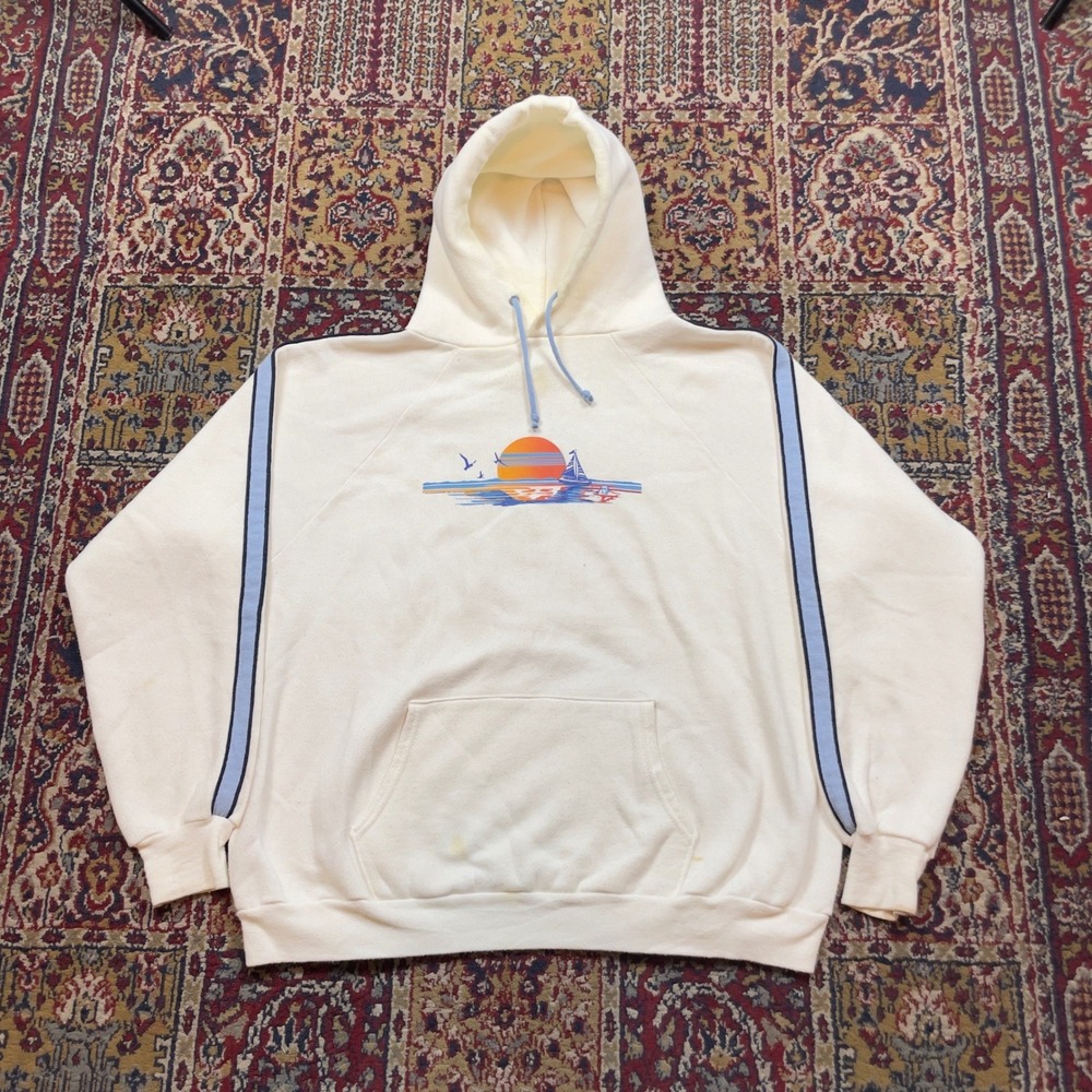 VTG 70s Sportswear Striped Sailing Hoodie XL White Sunset Graphic Flocked‎ USA